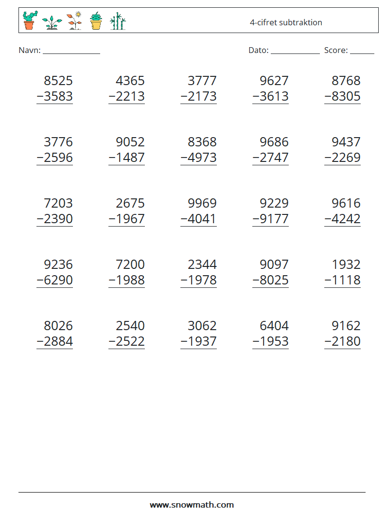 (25) 4-cifret subtraktion Matematiske regneark 6