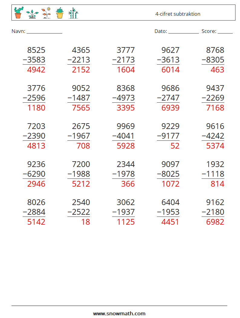 (25) 4-cifret subtraktion Matematiske regneark 6 Spørgsmål, svar