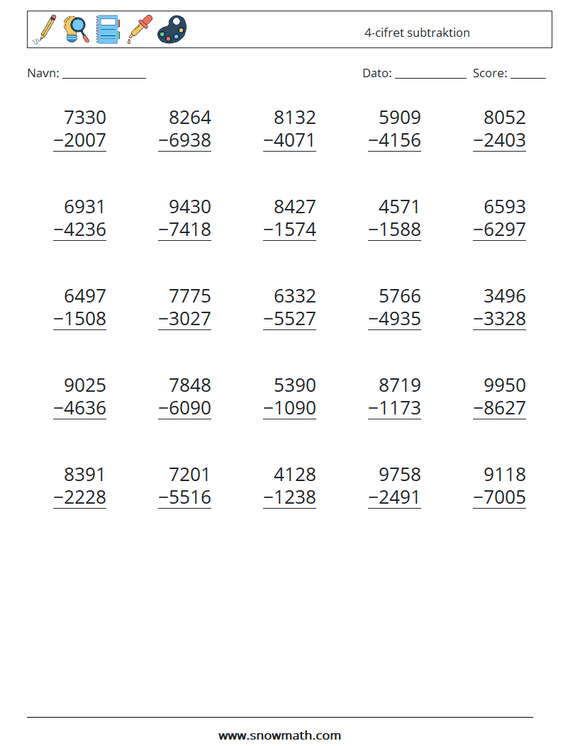 (25) 4-cifret subtraktion Matematiske regneark 7