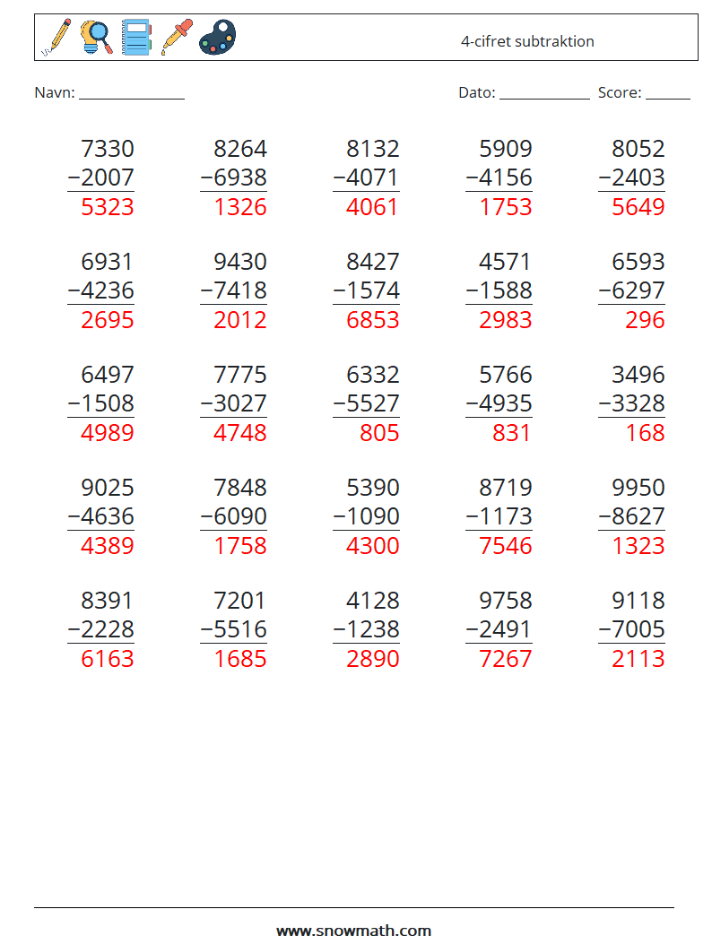 (25) 4-cifret subtraktion Matematiske regneark 7 Spørgsmål, svar