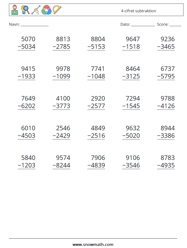 (25) 4-cifret subtraktion Matematiske regneark 8