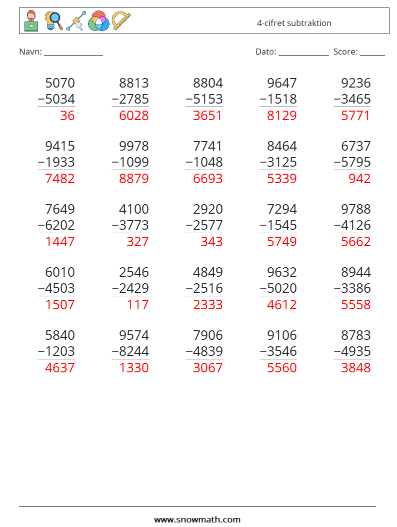 (25) 4-cifret subtraktion Matematiske regneark 8 Spørgsmål, svar