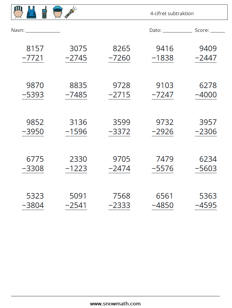 (25) 4-cifret subtraktion Matematiske regneark 9