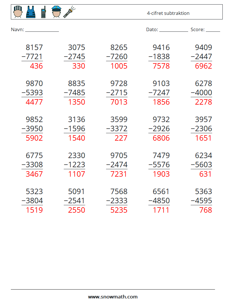 (25) 4-cifret subtraktion Matematiske regneark 9 Spørgsmål, svar