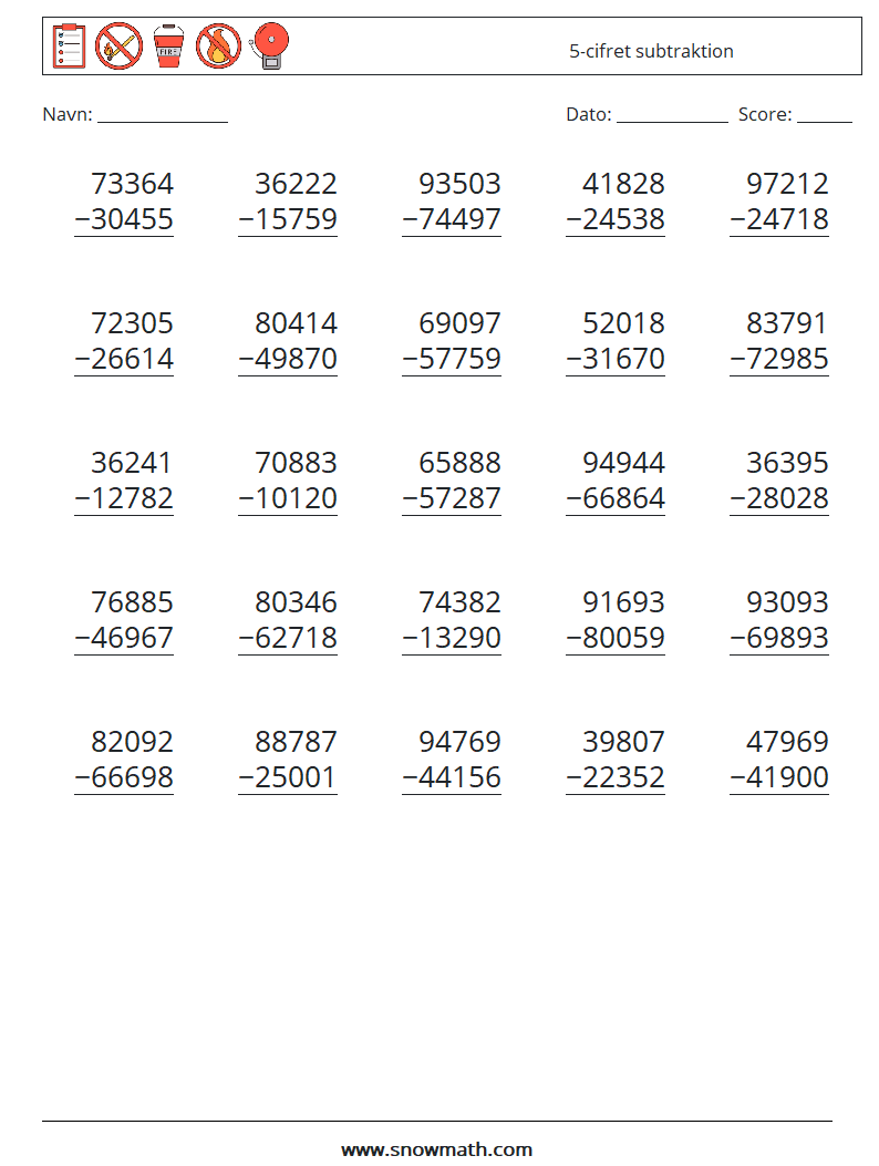 (25) 5-cifret subtraktion Matematiske regneark 1