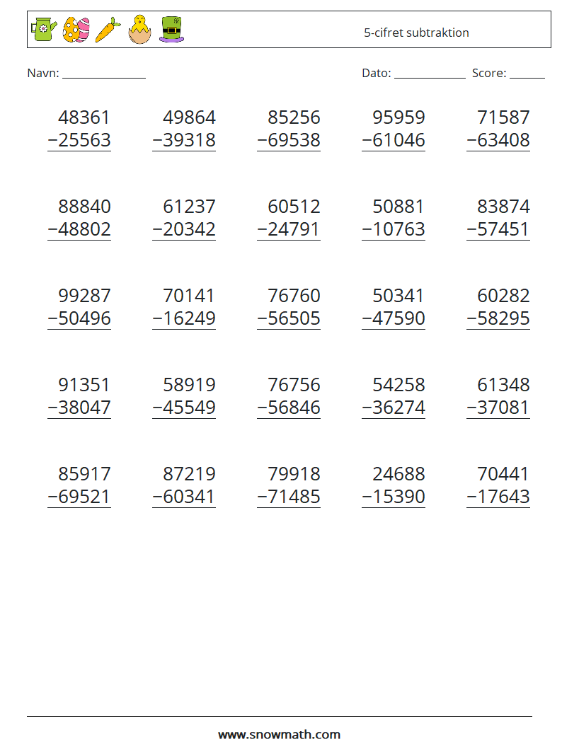 (25) 5-cifret subtraktion Matematiske regneark 10