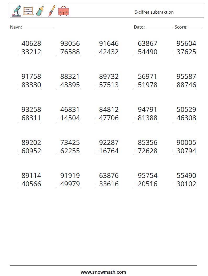 (25) 5-cifret subtraktion Matematiske regneark 11