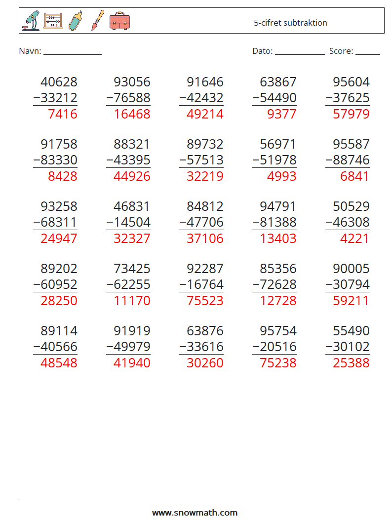 (25) 5-cifret subtraktion Matematiske regneark 11 Spørgsmål, svar