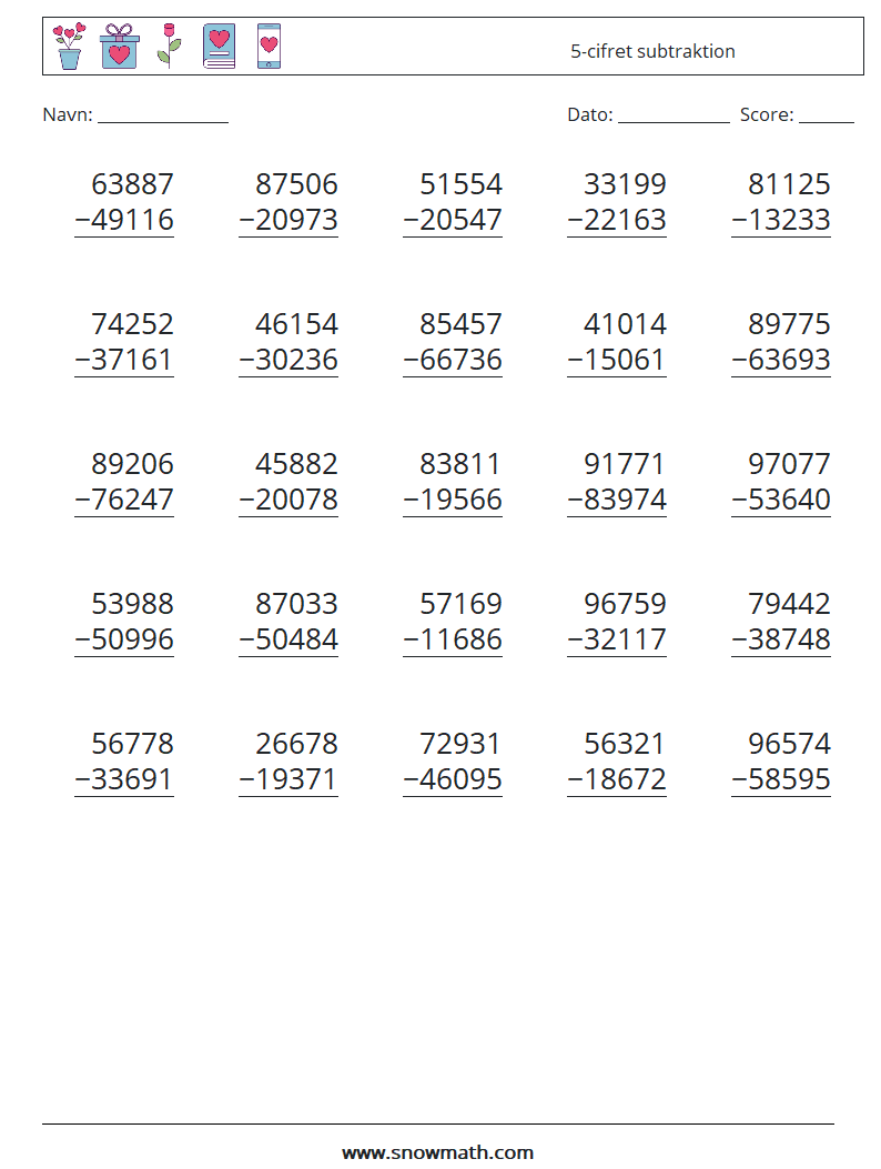 (25) 5-cifret subtraktion Matematiske regneark 12