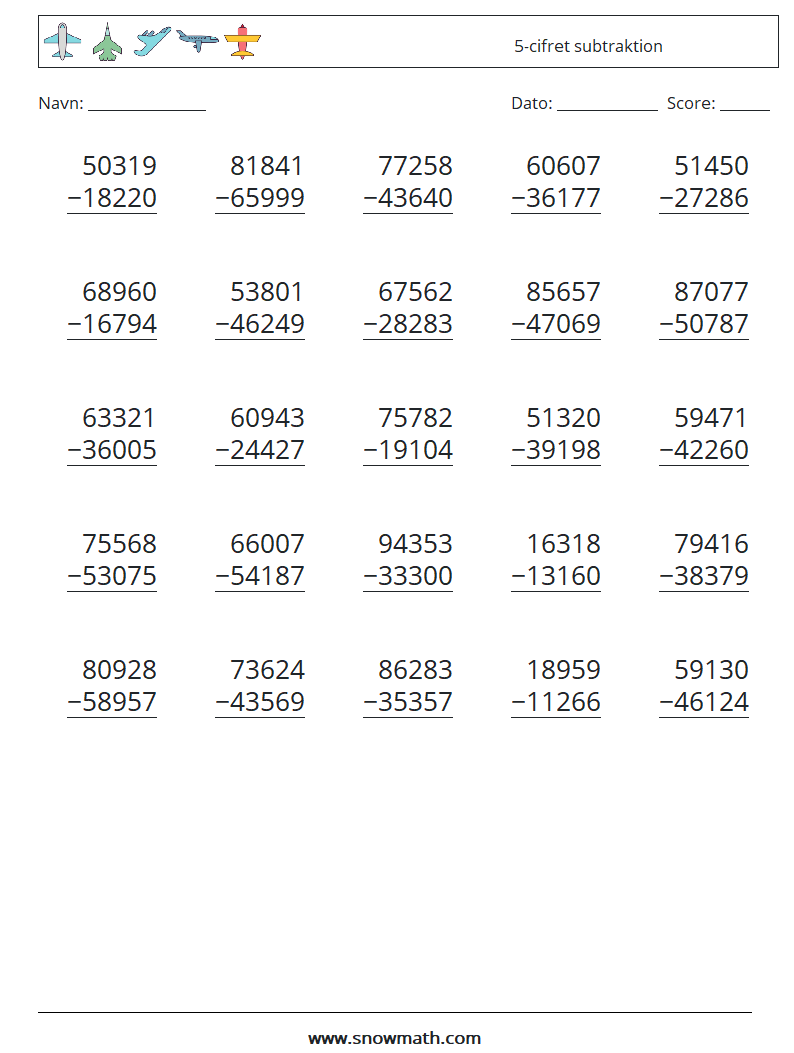 (25) 5-cifret subtraktion Matematiske regneark 13
