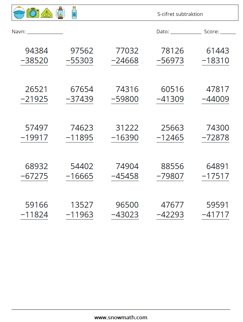 (25) 5-cifret subtraktion Matematiske regneark 14