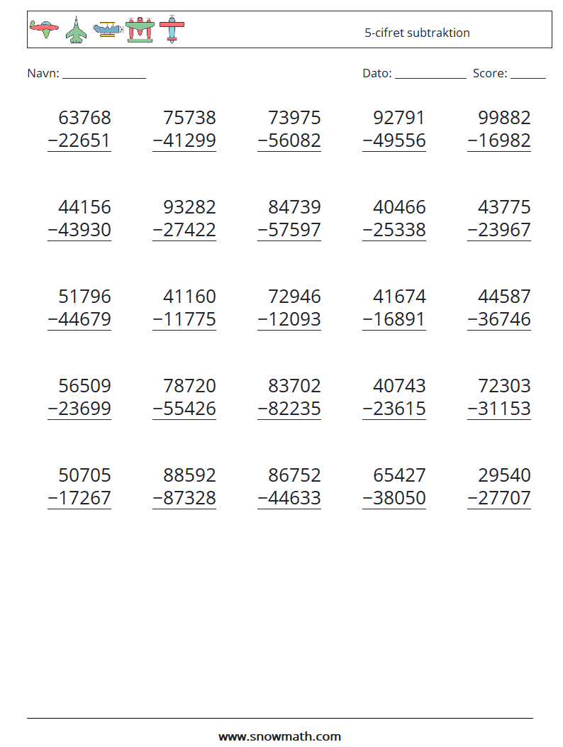 (25) 5-cifret subtraktion Matematiske regneark 15