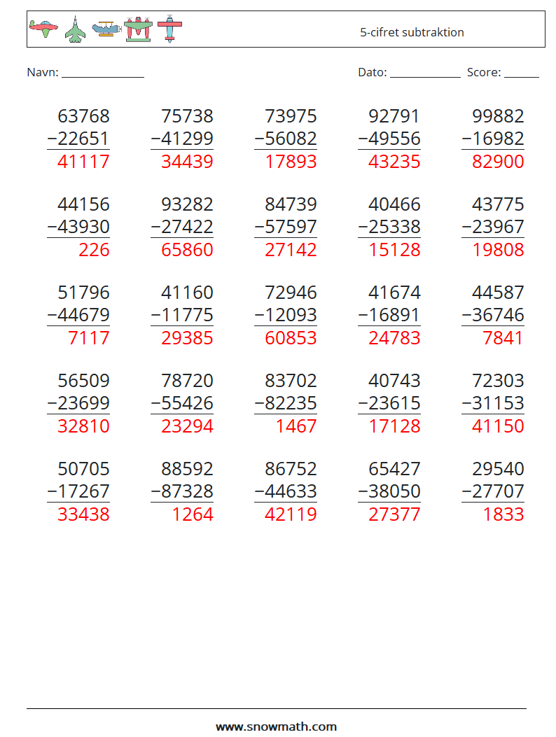 (25) 5-cifret subtraktion Matematiske regneark 15 Spørgsmål, svar