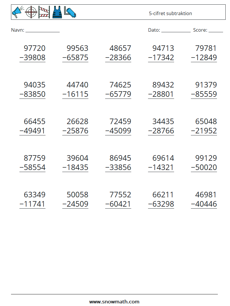 (25) 5-cifret subtraktion Matematiske regneark 16