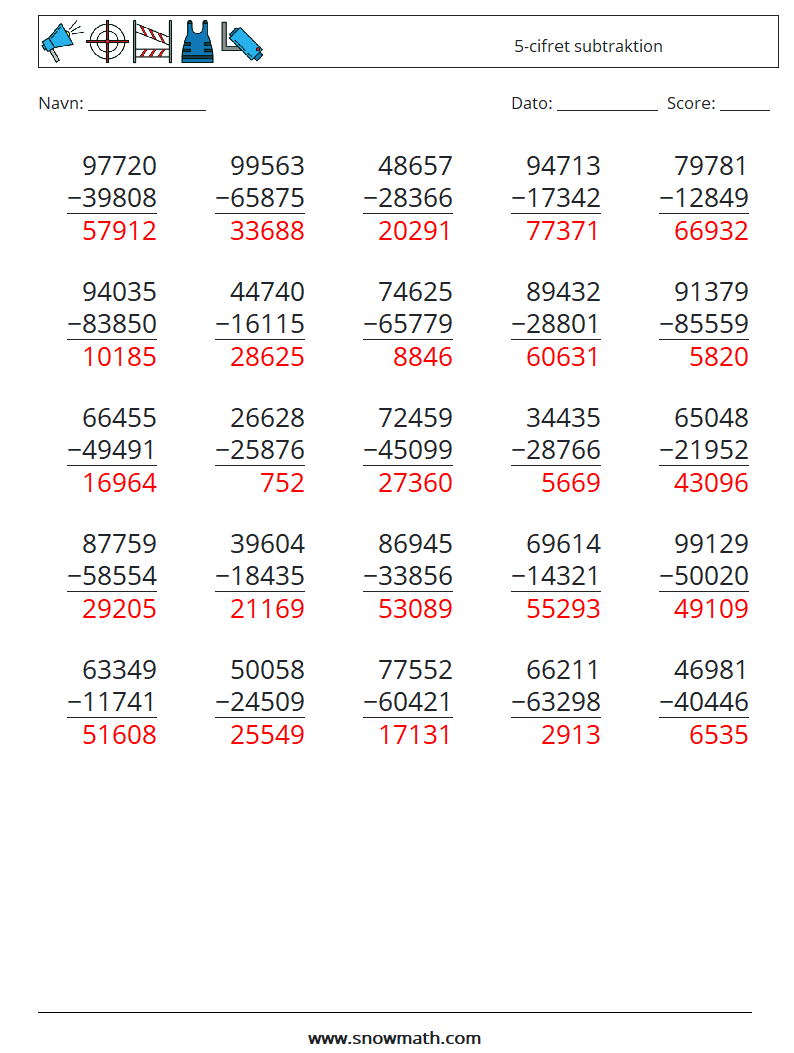 (25) 5-cifret subtraktion Matematiske regneark 16 Spørgsmål, svar