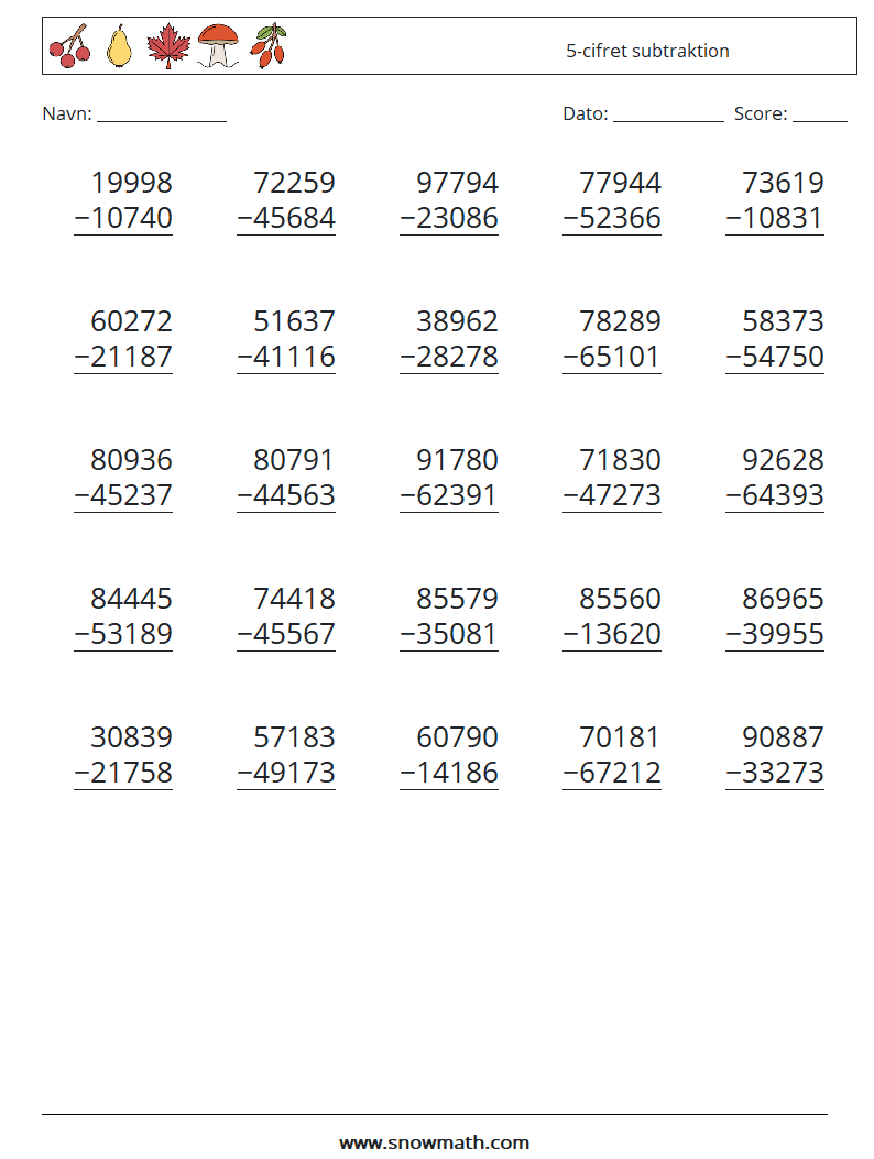 (25) 5-cifret subtraktion Matematiske regneark 17