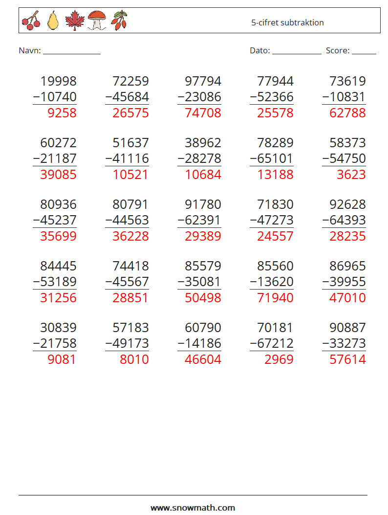 (25) 5-cifret subtraktion Matematiske regneark 17 Spørgsmål, svar