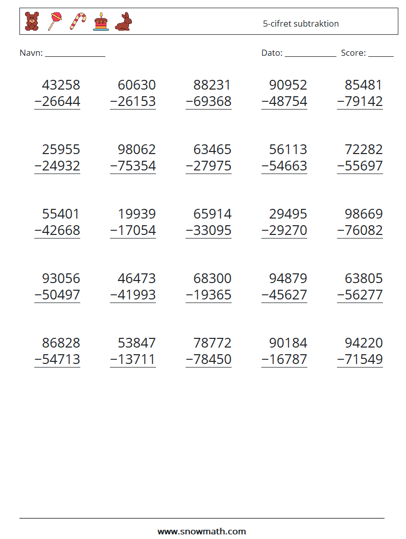 (25) 5-cifret subtraktion Matematiske regneark 18