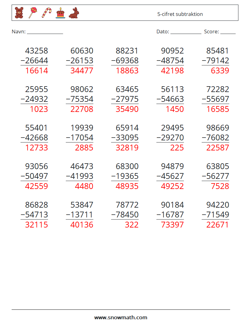 (25) 5-cifret subtraktion Matematiske regneark 18 Spørgsmål, svar