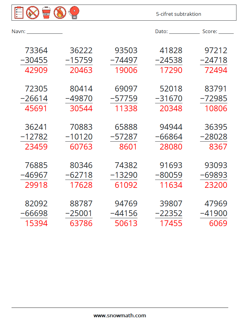 (25) 5-cifret subtraktion Matematiske regneark 1 Spørgsmål, svar