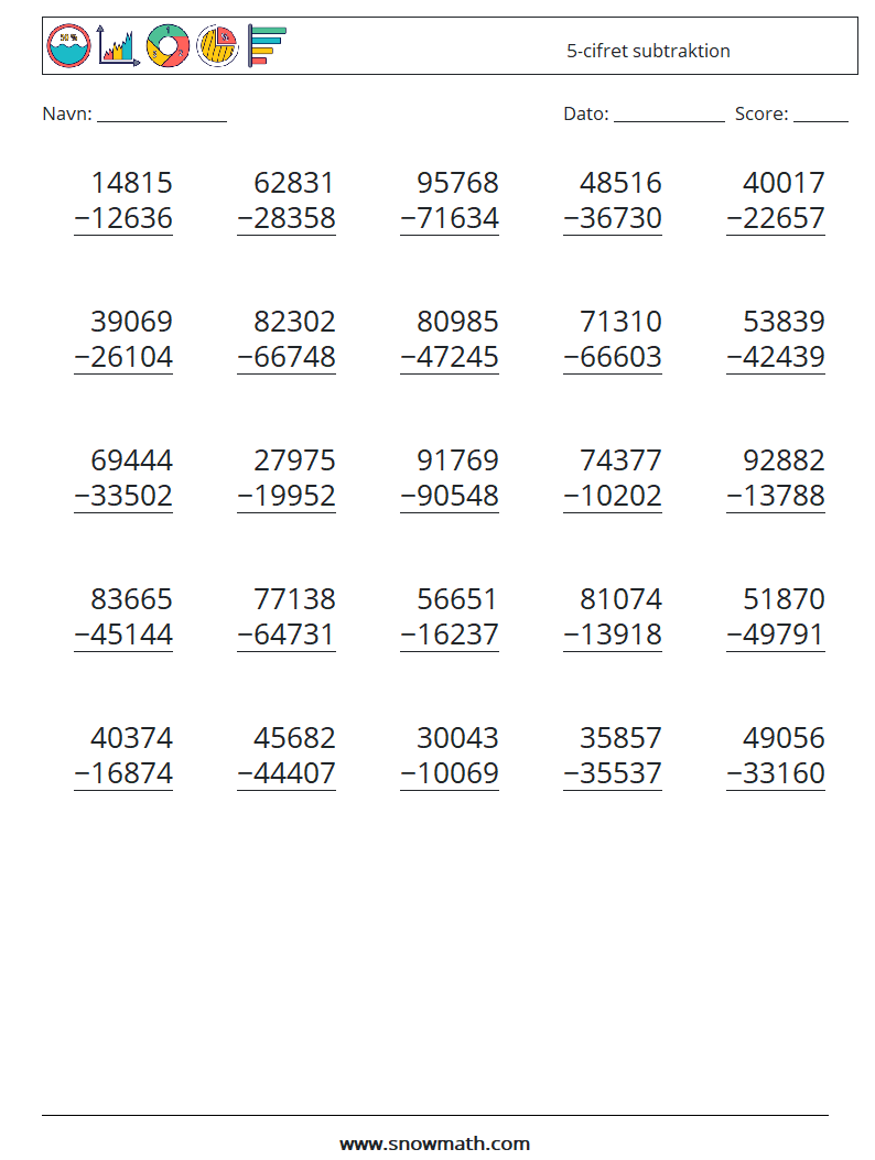 (25) 5-cifret subtraktion Matematiske regneark 2