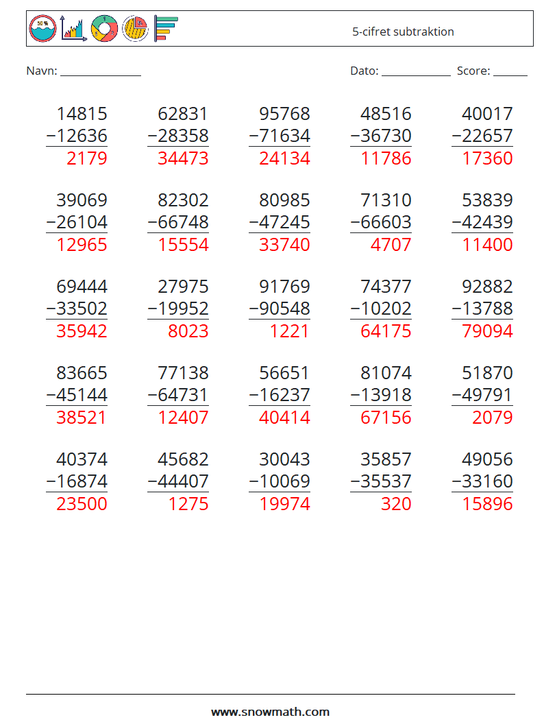 (25) 5-cifret subtraktion Matematiske regneark 2 Spørgsmål, svar