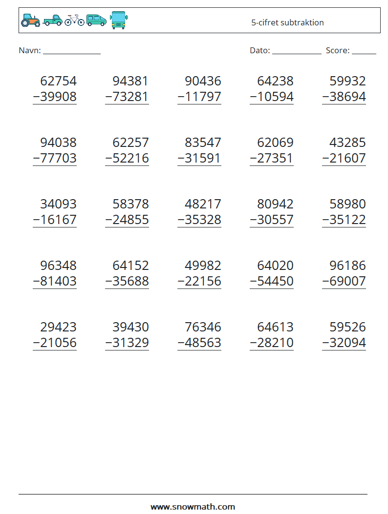 (25) 5-cifret subtraktion Matematiske regneark 3