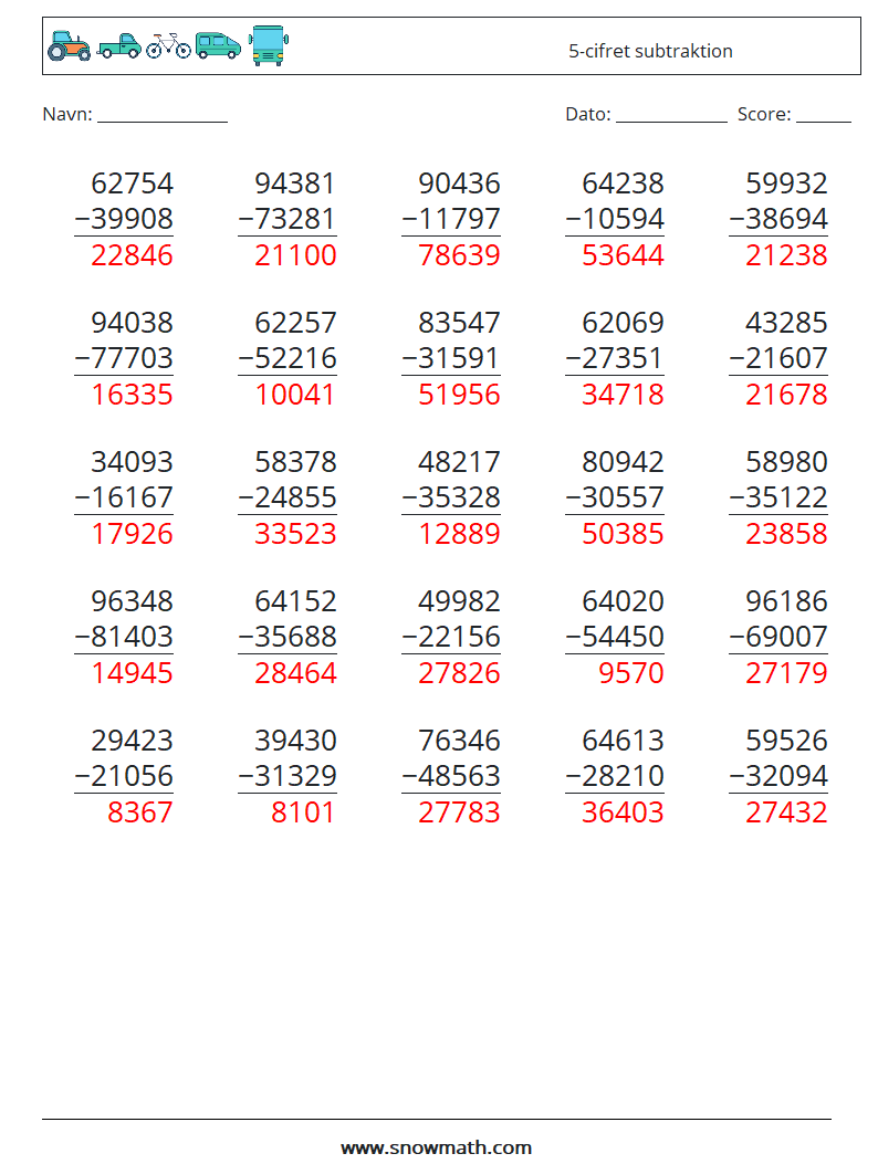 (25) 5-cifret subtraktion Matematiske regneark 3 Spørgsmål, svar