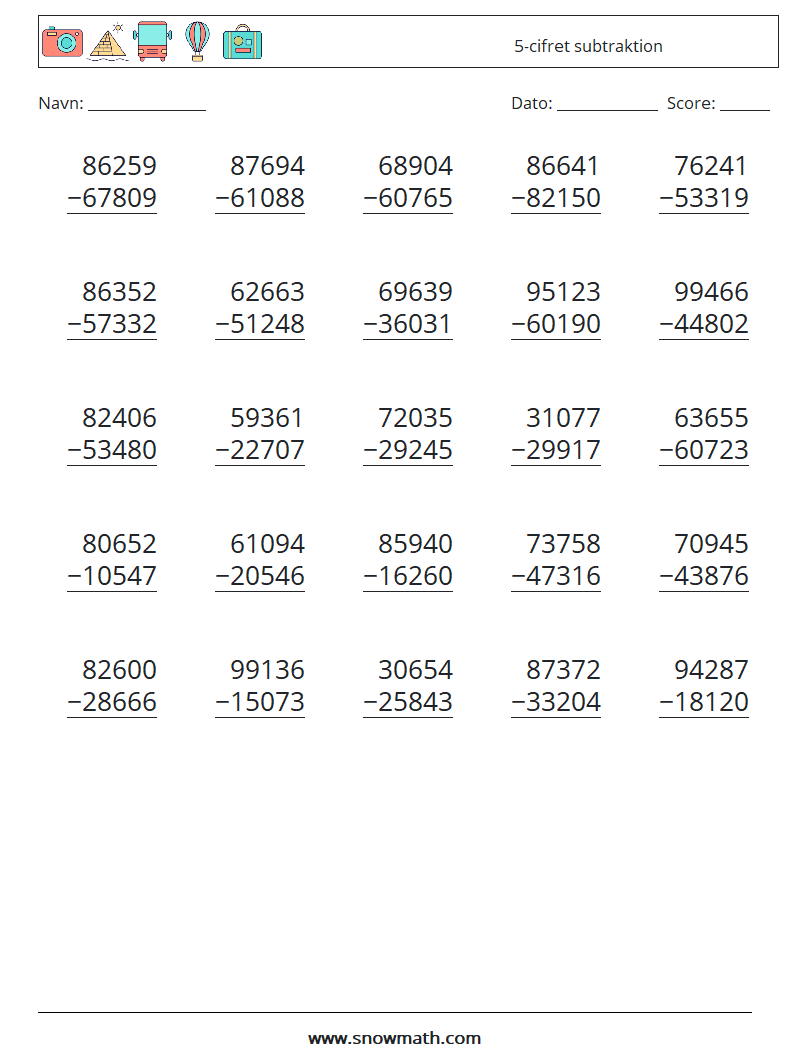 (25) 5-cifret subtraktion Matematiske regneark 4