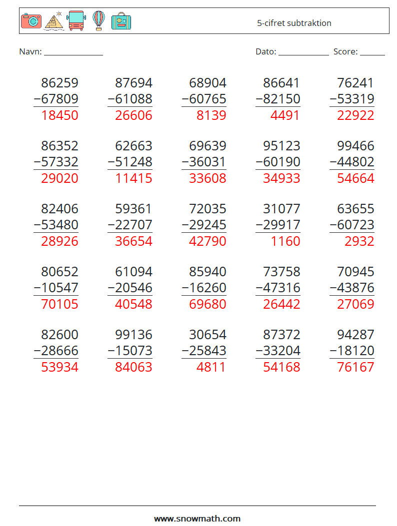 (25) 5-cifret subtraktion Matematiske regneark 4 Spørgsmål, svar