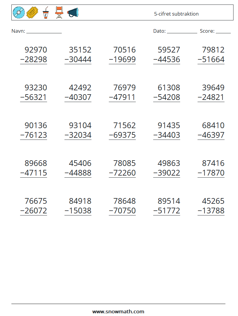 (25) 5-cifret subtraktion Matematiske regneark 5