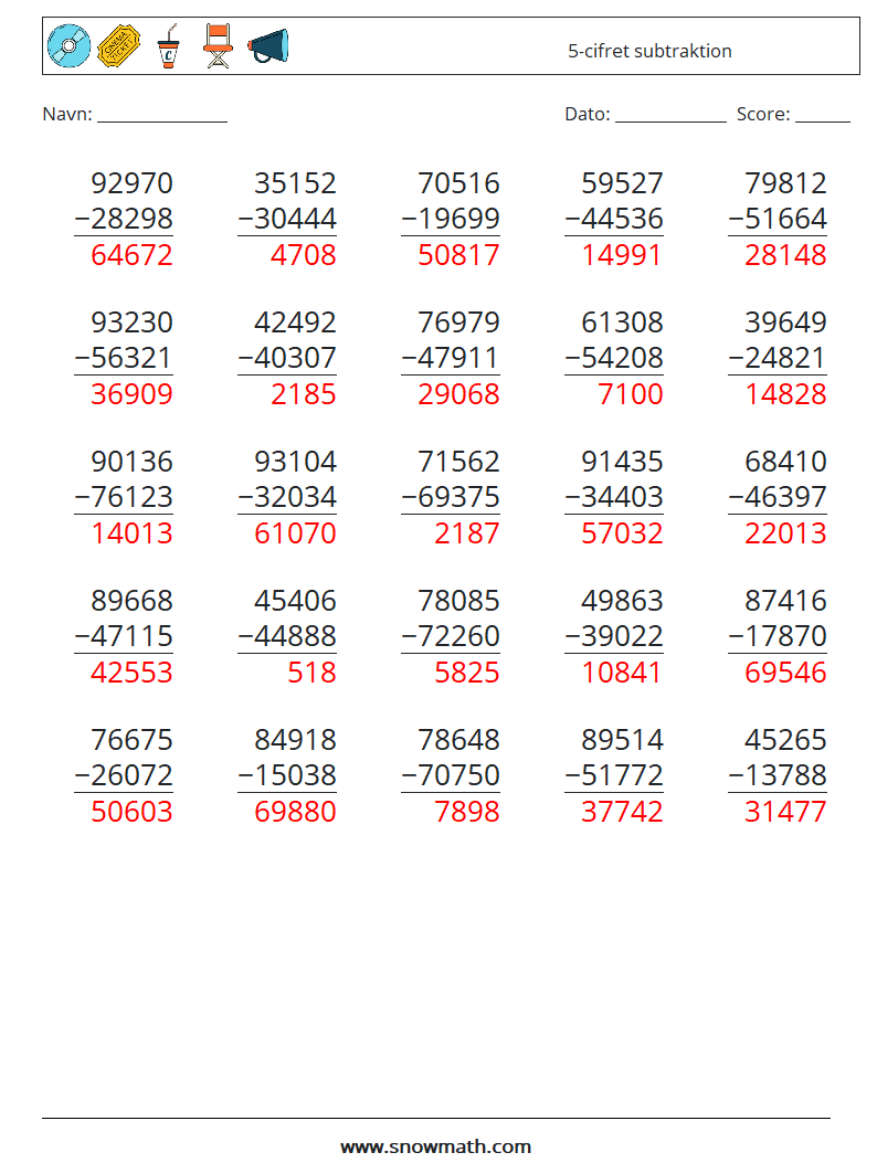 (25) 5-cifret subtraktion Matematiske regneark 5 Spørgsmål, svar