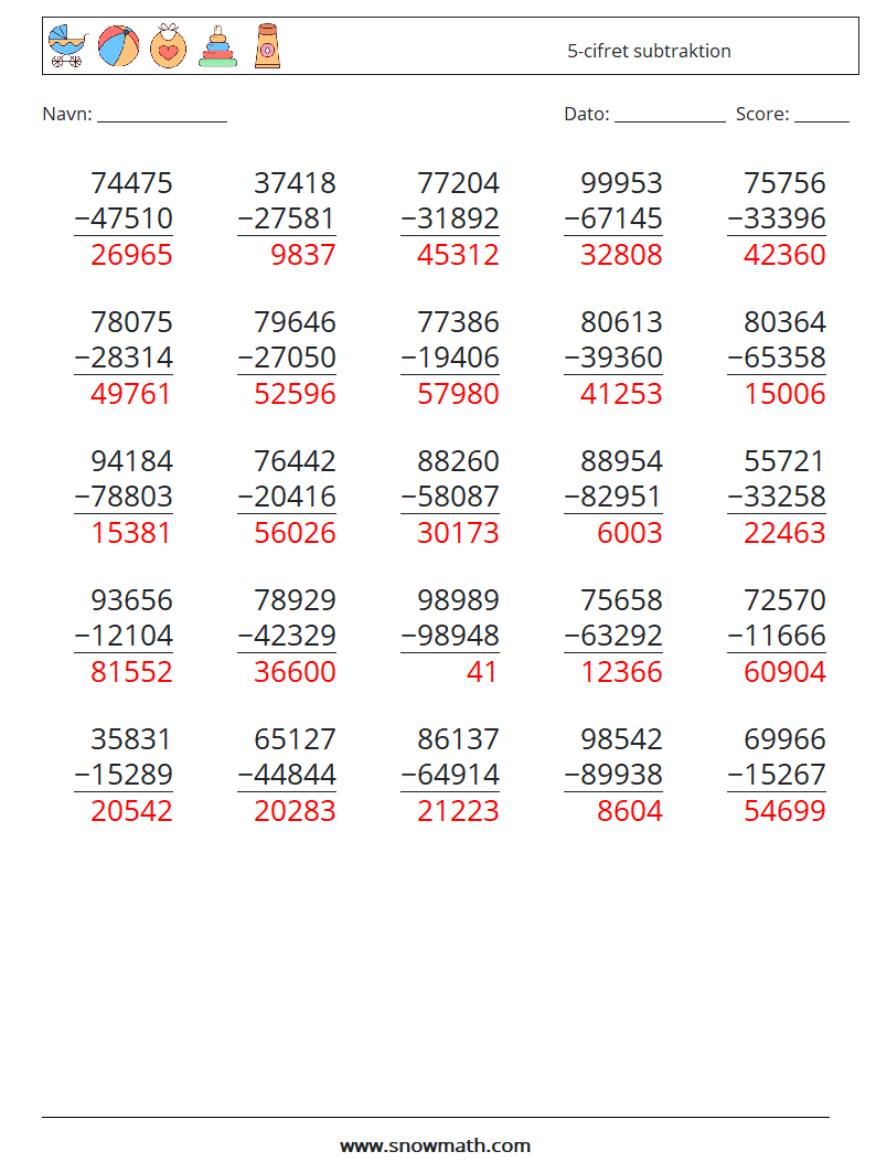 (25) 5-cifret subtraktion Matematiske regneark 6 Spørgsmål, svar