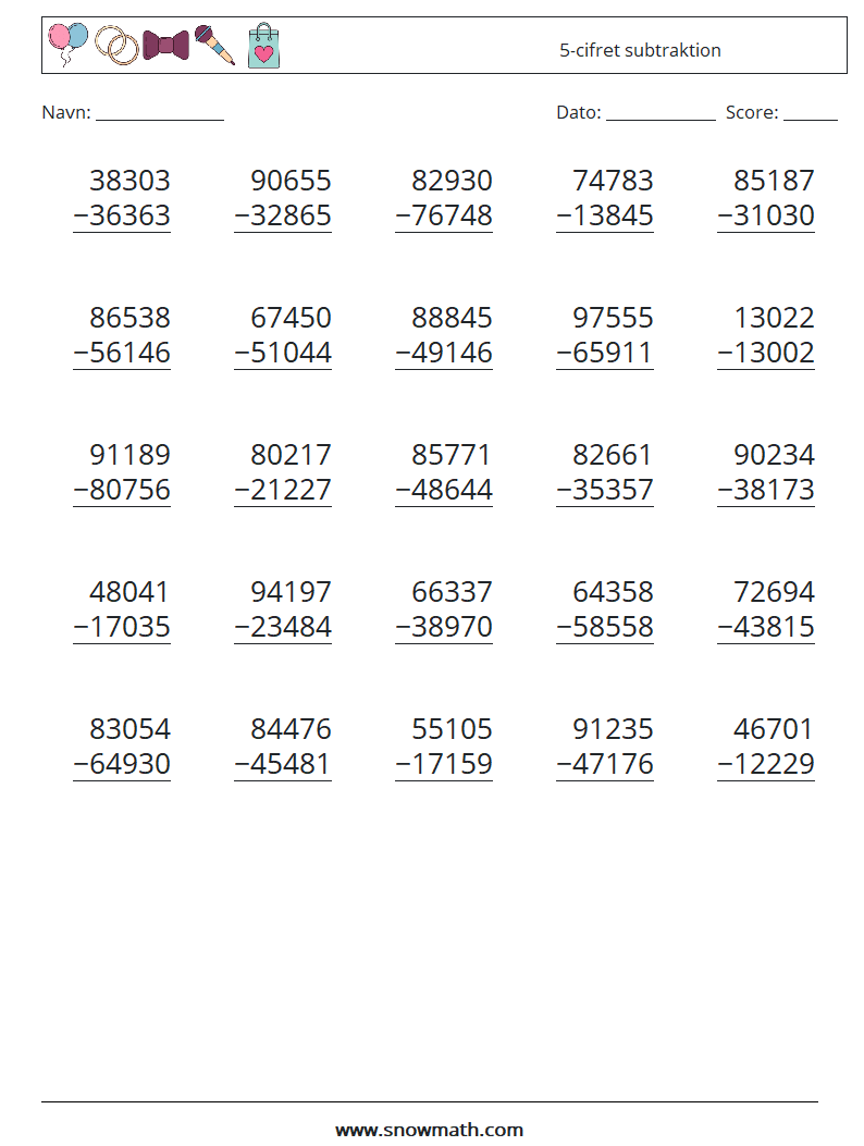 (25) 5-cifret subtraktion Matematiske regneark 7