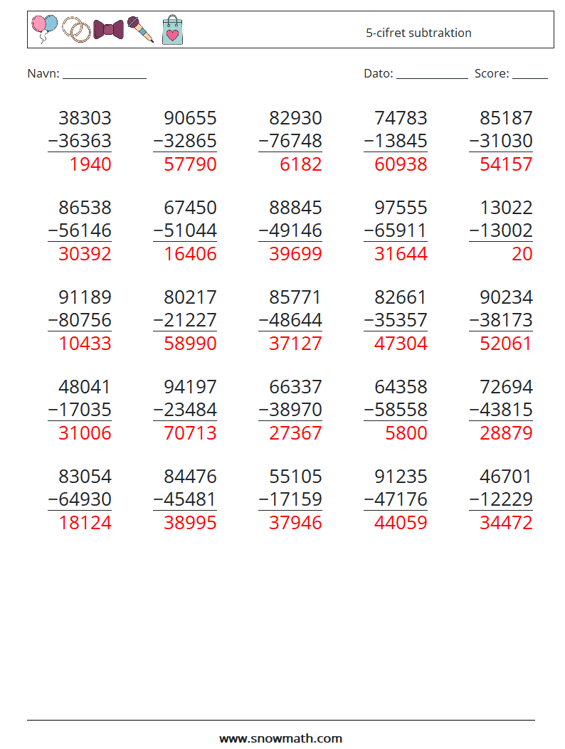 (25) 5-cifret subtraktion Matematiske regneark 7 Spørgsmål, svar