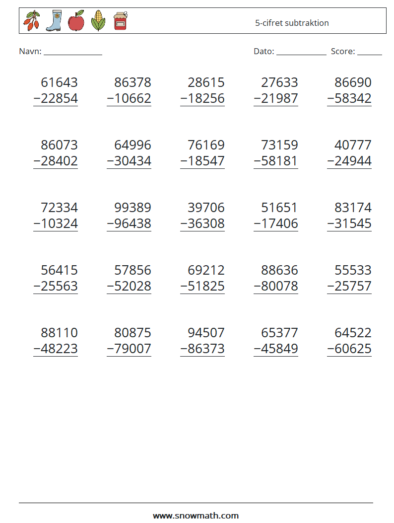 (25) 5-cifret subtraktion Matematiske regneark 8