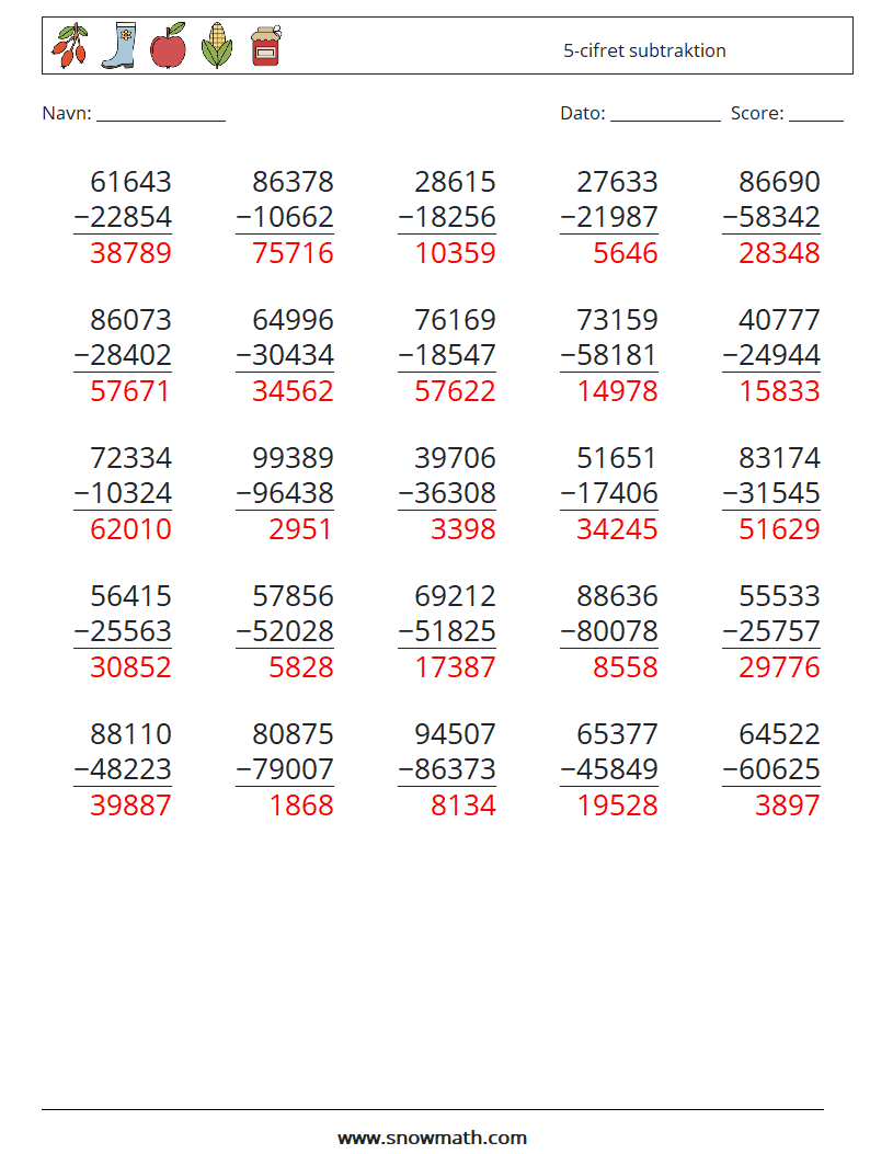 (25) 5-cifret subtraktion Matematiske regneark 8 Spørgsmål, svar