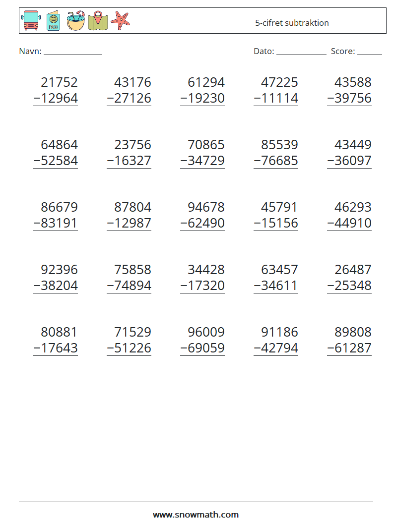 (25) 5-cifret subtraktion Matematiske regneark 9