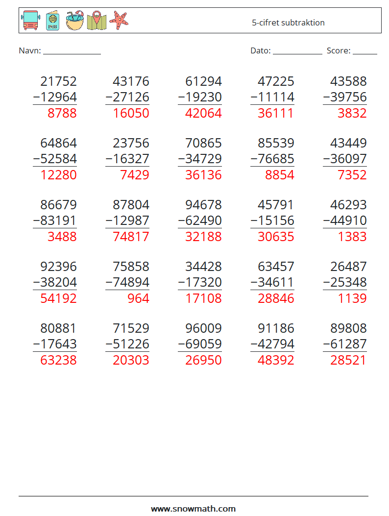 (25) 5-cifret subtraktion Matematiske regneark 9 Spørgsmål, svar