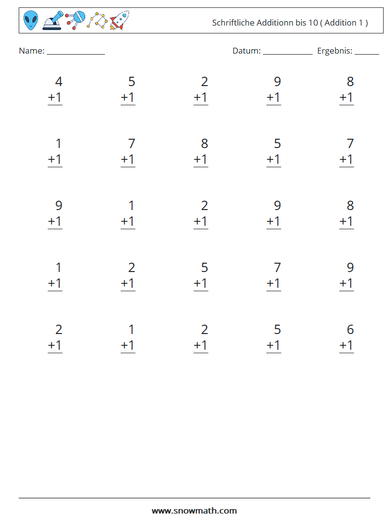 (25) Schriftliche Additionn bis 10 ( Addition 1 ) Mathe-Arbeitsblätter 1