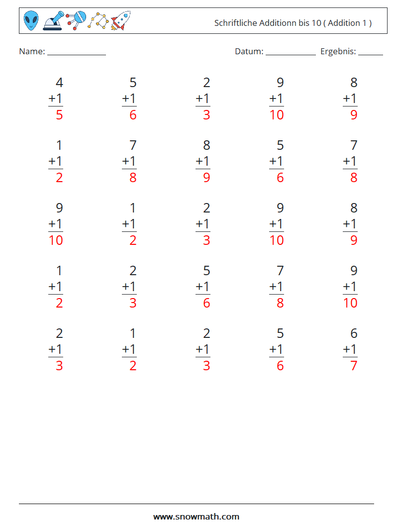 (25) Schriftliche Additionn bis 10 ( Addition 1 ) Mathe-Arbeitsblätter 1 Frage, Antwort