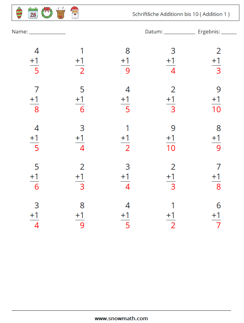 (25) Schriftliche Additionn bis 10 ( Addition 1 ) Mathe-Arbeitsblätter 2 Frage, Antwort