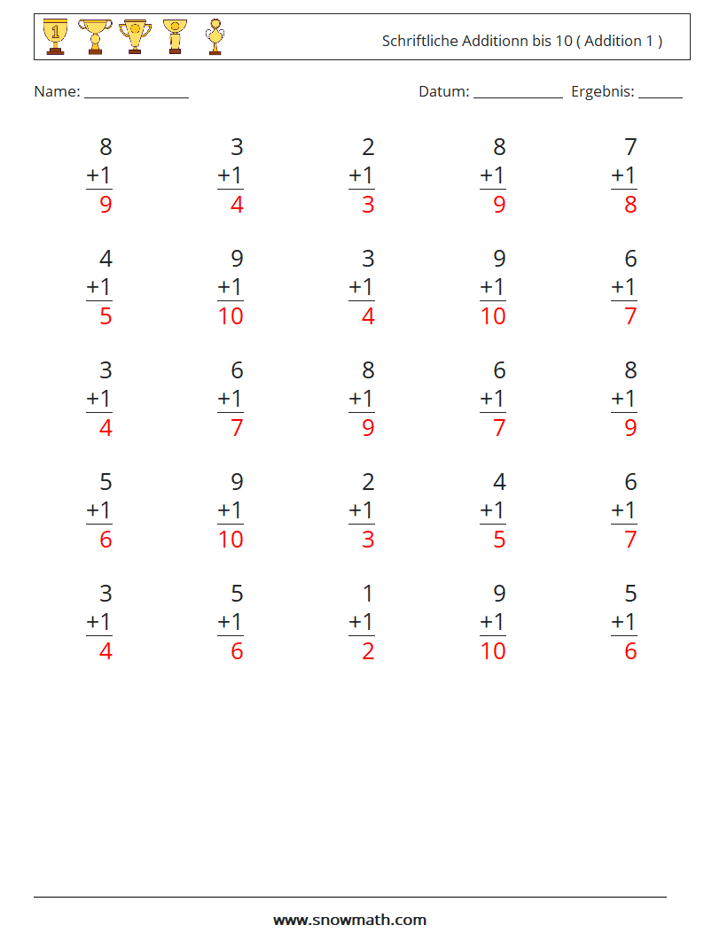 (25) Schriftliche Additionn bis 10 ( Addition 1 ) Mathe-Arbeitsblätter 3 Frage, Antwort