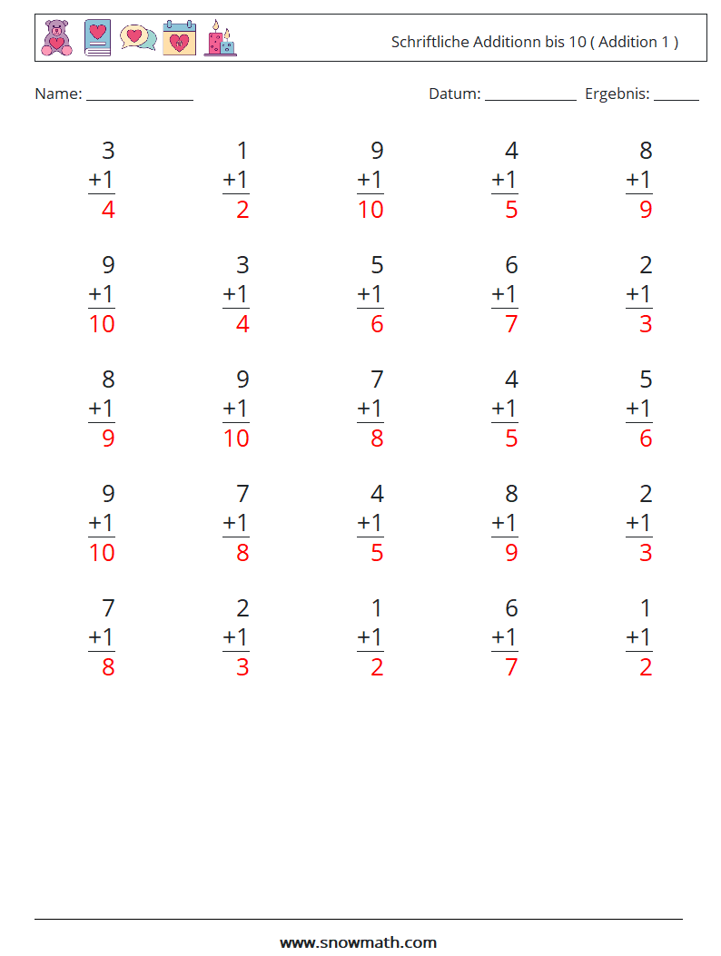 (25) Schriftliche Additionn bis 10 ( Addition 1 ) Mathe-Arbeitsblätter 4 Frage, Antwort