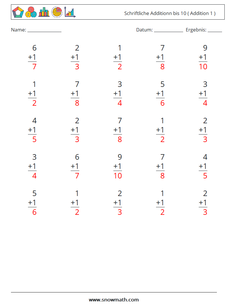 (25) Schriftliche Additionn bis 10 ( Addition 1 ) Mathe-Arbeitsblätter 5 Frage, Antwort