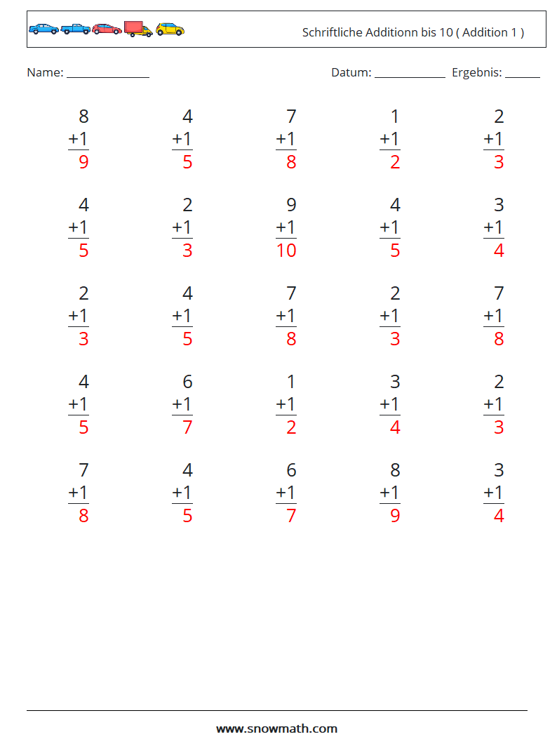 (25) Schriftliche Additionn bis 10 ( Addition 1 ) Mathe-Arbeitsblätter 6 Frage, Antwort