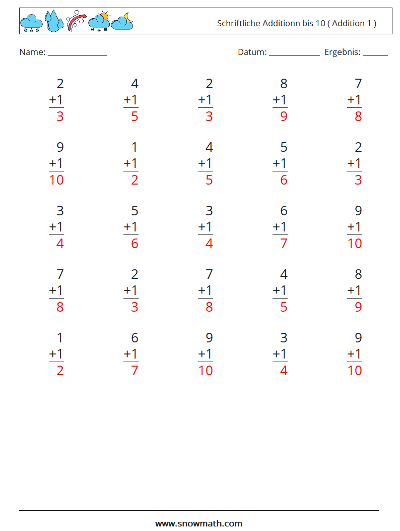 (25) Schriftliche Additionn bis 10 ( Addition 1 ) Mathe-Arbeitsblätter 7 Frage, Antwort