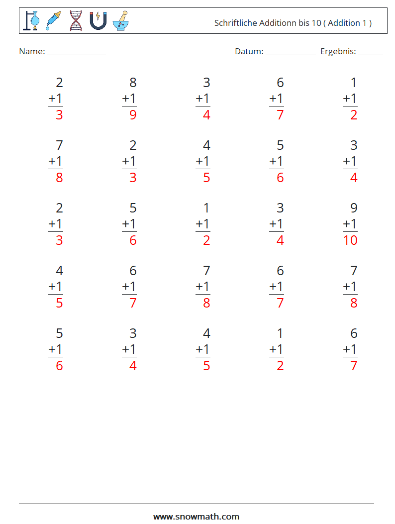 (25) Schriftliche Additionn bis 10 ( Addition 1 ) Mathe-Arbeitsblätter 8 Frage, Antwort