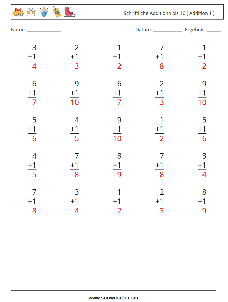 (25) Schriftliche Additionn bis 10 ( Addition 1 ) Mathe-Arbeitsblätter 9 Frage, Antwort