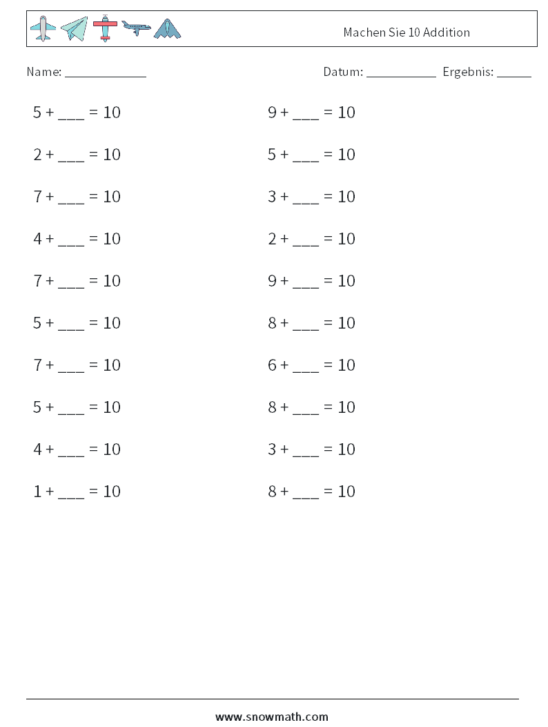 (20) Machen Sie 10 Addition Mathe-Arbeitsblätter 4